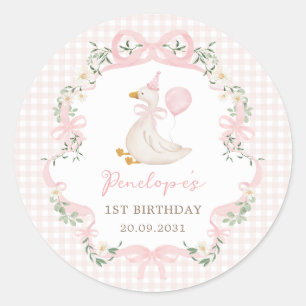 Sticker Rond Un sot Oie rose Bow Balloon Girl Anniversaire