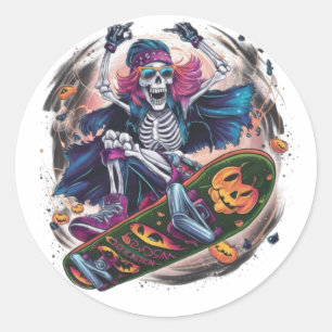 Sticker Rond Un squelette de rock-n-roll skateboarder habillé p