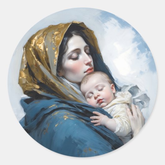 Sticker Rond Un tableau de Mère Marie et Bébé Jésus (Devant)