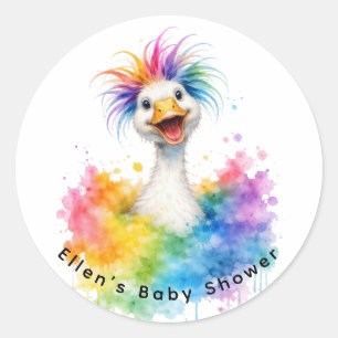 Sticker Rond Une Baby Shower Arc-en-Ciel "Une Oie Idiote"