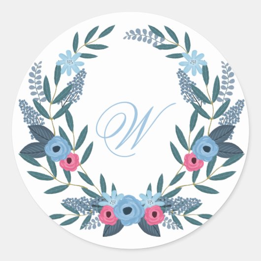 Sticker Rond Une couronne florale bleue avec Monogramme (Devant)