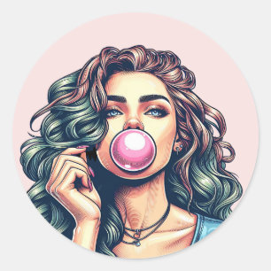 Sticker Rond Une femme soufflant bulle gomme bulle art
