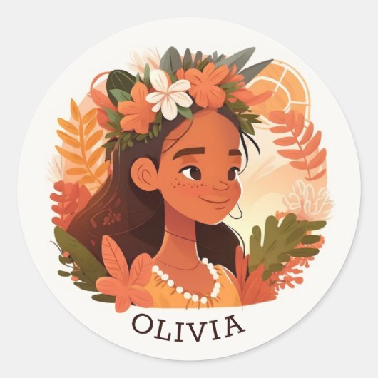 Sticker Rond Une fille hawaïenne de dessin animé pour enfants.  (Devant)