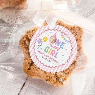 Sticker Rond Une Fille Heureuse Rose Coloré 1er Anniversaire 