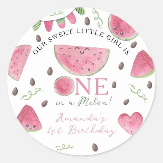 Sticker Rond Une fille pastèque mignonne pour son 1er anniversa (Devant)