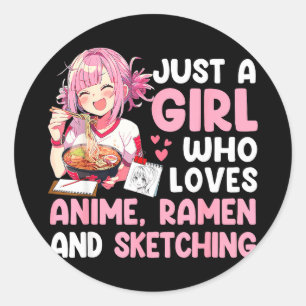 Sticker Rond Une fille qui aime l'anime ramen et le dessin d'an