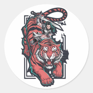 Sticker Rond Une guerrière au sommet d'un énorme tigre