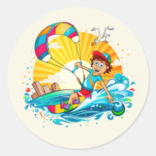Sticker Rond Une illustration de surfing de couleur douce.