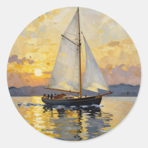 Sticker Rond Une illustration d'un voilier au coucher du soleil