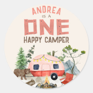 Sticker Rond Une joyeuse Camper Woodland Girls 1er Anniversaire