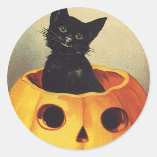 Sticker Rond Une joyeuse Halloween par Ellen Clapsaddle, Chat V