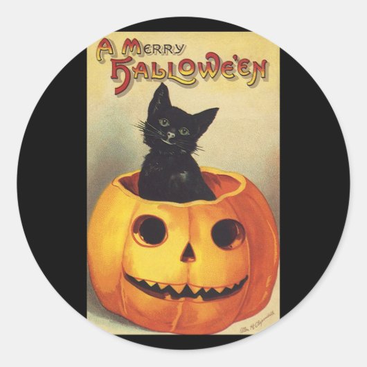 Sticker Rond Une joyeuse Halloween par Ellen Clapsaddle, Chat V (Devant)