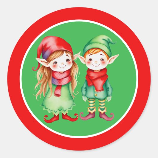Sticker Rond Une mignonne fille et un petit elfe Noël (Devant)