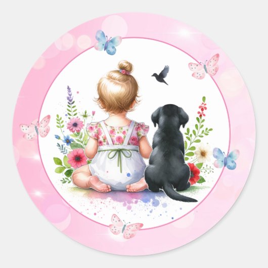 Sticker Rond Une petite fille et son Baby shower de chiot (Devant)