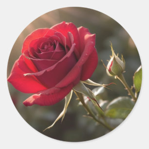 Sticker Rond Une rose rouge vibrante, symbolisant l'amour et la