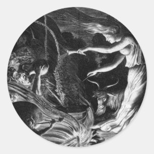 Sticker Rond Une Sorcière À Son Cauldron Entourée De J. Well