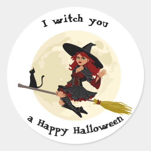 Sticker Rond Une sorcière d'halloween conviviale sur le balai e (Devant)