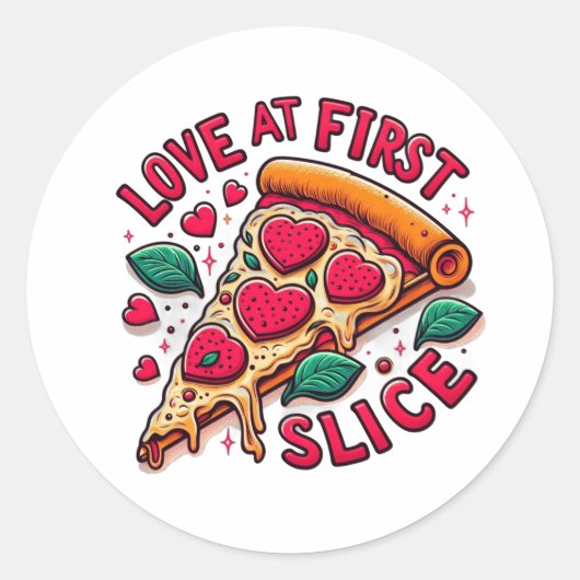 Sticker Rond Une tranche de pizza disant "L'amour à la première (Devant)