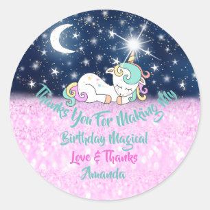 Sticker Rond Unicorn Anniversaire Favoriser le rose Merci Étoil