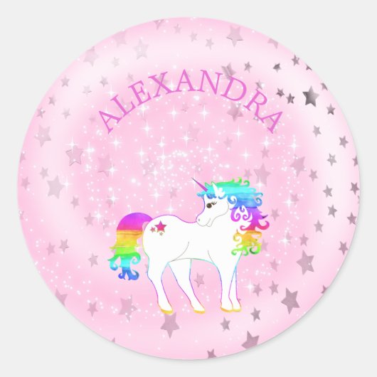 Sticker Rond Unicorn Arc-en-ciel rose Argent étoiles mignonnes (Devant)