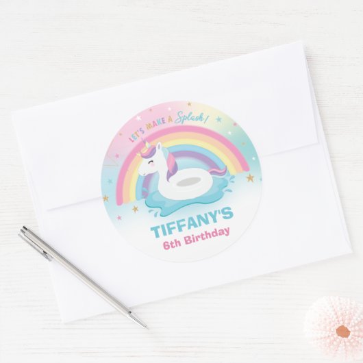 Sticker Rond Unicorn Birthday Pool Party Rainbow Unicorn Faveur (Enveloppe)