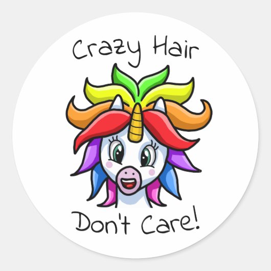 Sticker Rond Unicorn Crazy Hair ne s'en fiche pas drôle (Devant)