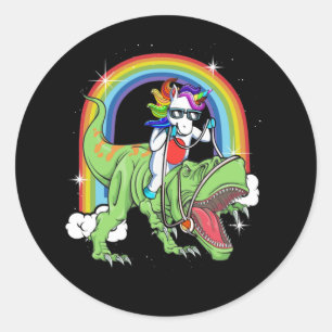 Sticker Rond Unicorn équitation T Rex Dinosaur arc-en-ciel