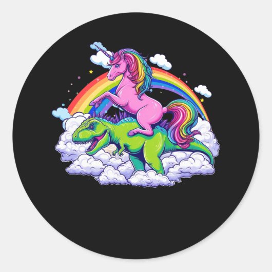 Sticker Rond Unicorn équitation T Rex Dinosaur arc-en-ciel noeu (Devant)