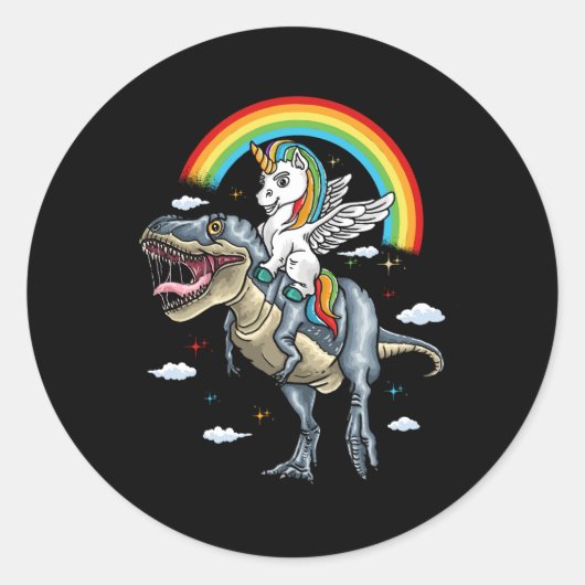 Sticker Rond Unicorn équitation Trex Dinosaur Momicorn Arc En C (Devant)