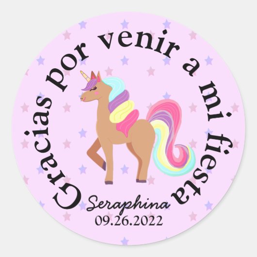 Sticker Rond Unicorn Espagnol Merci / Parti Gracias Favoriser (Devant)