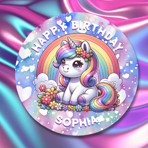 Sticker Rond Unicorn et arc-en-ciel Personnalisé Anniversaire f