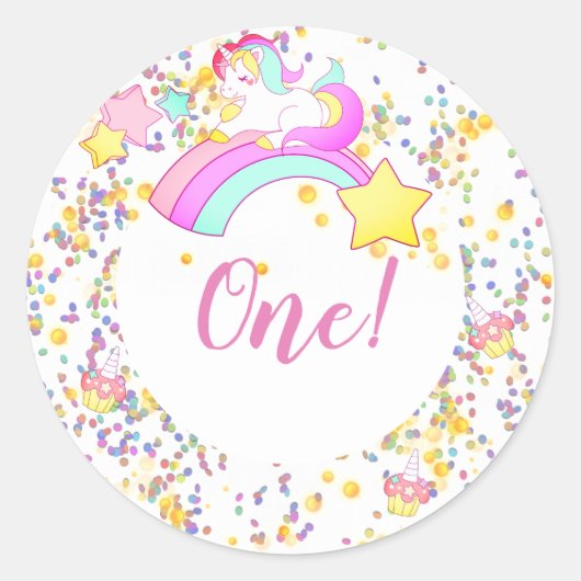 Sticker Rond Unicorn, Etoiles, Cupcakes et Confetti Anniversair (Devant)