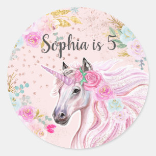 Sticker Rond Unicorn Girly Rose Floral Gold Parties scintillant