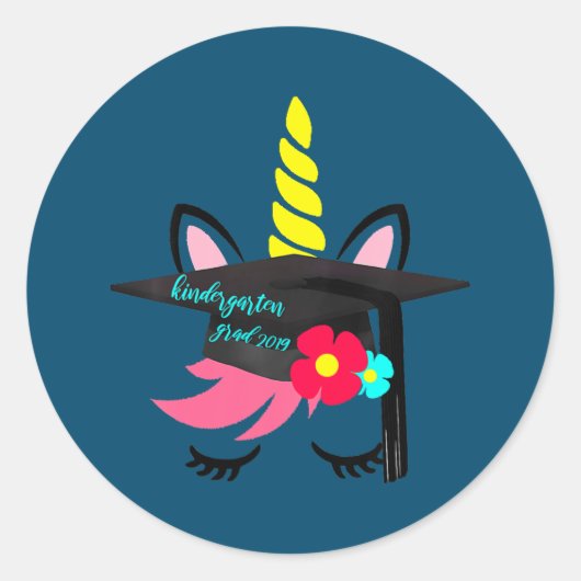 Sticker Rond Unicorn Graduation Cap Flower Kindergarten (Devant)
