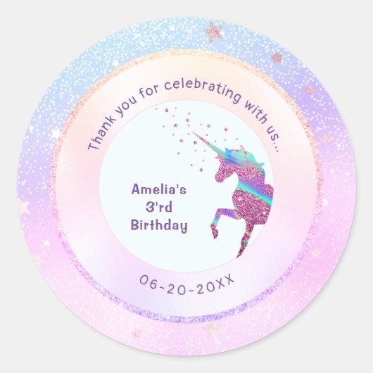 Sticker Rond Unicorn Iridescente Holographique Parties scintill (Devant)