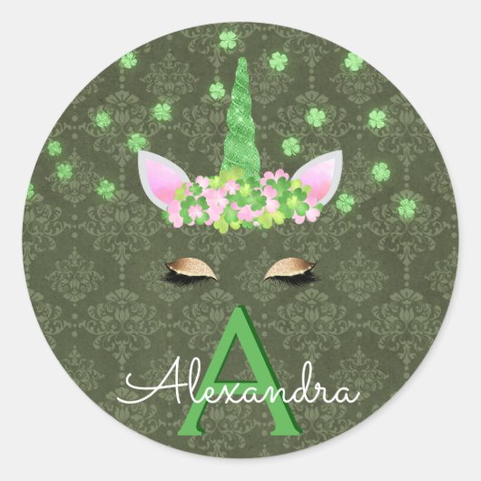 Sticker Rond Unicorn Monogramme Green St. Patrick's Day (Devant)
