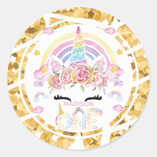 Sticker Rond Unicorn Parties scintillant Gold Personnalisé Prem (Devant)