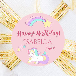 Sticker Rond Unicorn pink magical happy birthday girl