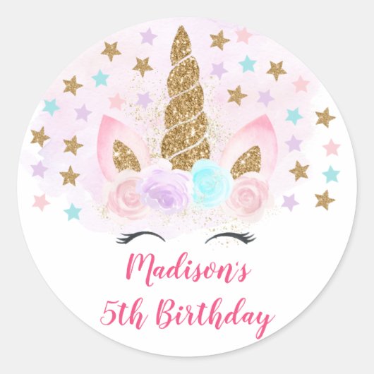 Sticker Rond Unicorn rose & or Magique Anniversaire (Devant)