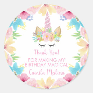 Sticker Rond Unicorn Thème Anniversaire Fête Magique Florale Fl