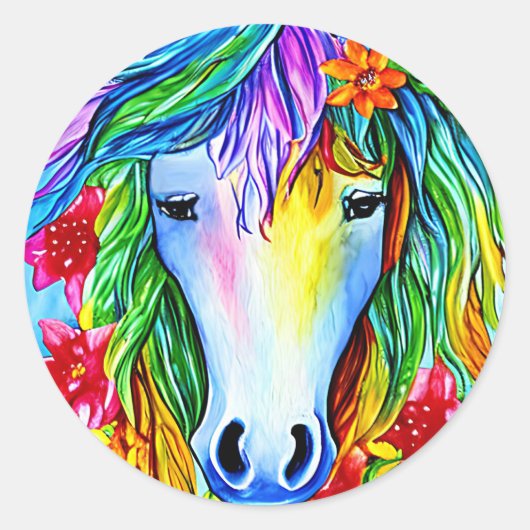 Sticker Rond Unicorne Abstraite Fleurs de visage aquarelle Art (Devant)