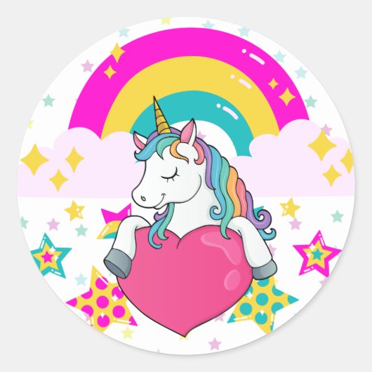 Sticker Rond Unicorne arc-en-ciel avec étoiles (Devant)