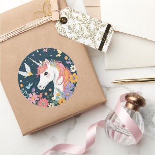 Sticker Rond Unicorne avec Fleurs et Papillons