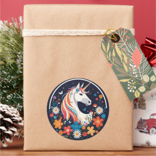 Sticker Rond Unicorne avec Fleurs et Papillons bleu marine