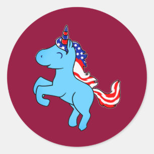 Sticker Rond Unicorne Bleu Patriotique USA Drapeau Mane Carton