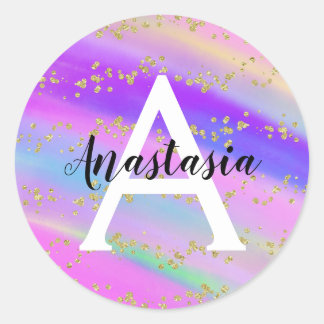 Sticker Rond Unicorne colorée Rainbow Gold Parties scintillant 