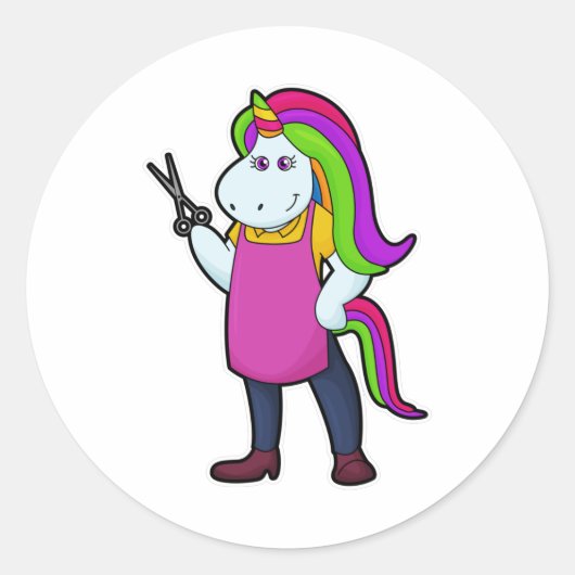 Sticker Rond Unicorne comme coiffeur avec ciseaux (Devant)