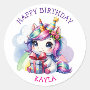 Sticker Rond Unicorne d'anniversaire de la fille personnalisée