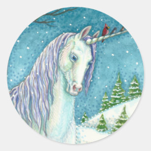 STICKER ROND UNICORNE D'HIVER ET OISEAUX, PAYSAGE DE NEIGE PAIS