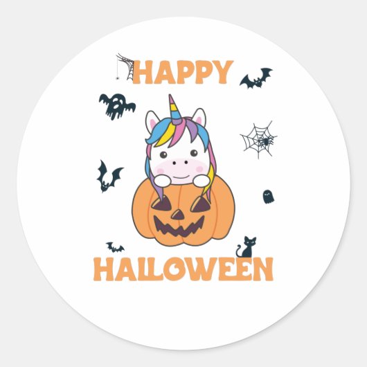 Sticker Rond Unicorne En Citrouille Cute Unicorns Halloween Heu (Devant)